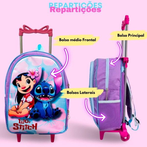 Kit Mochila Rodinhas + Lancheira + Estojo Lilo e Stitch
