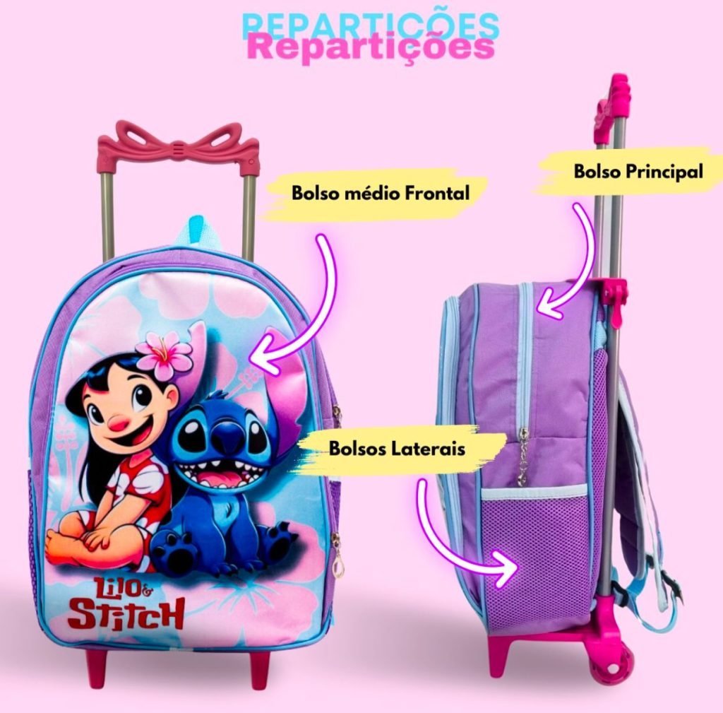 Kit Mochila Rodinhas + Lancheira + Estojo Lilo e Stitch