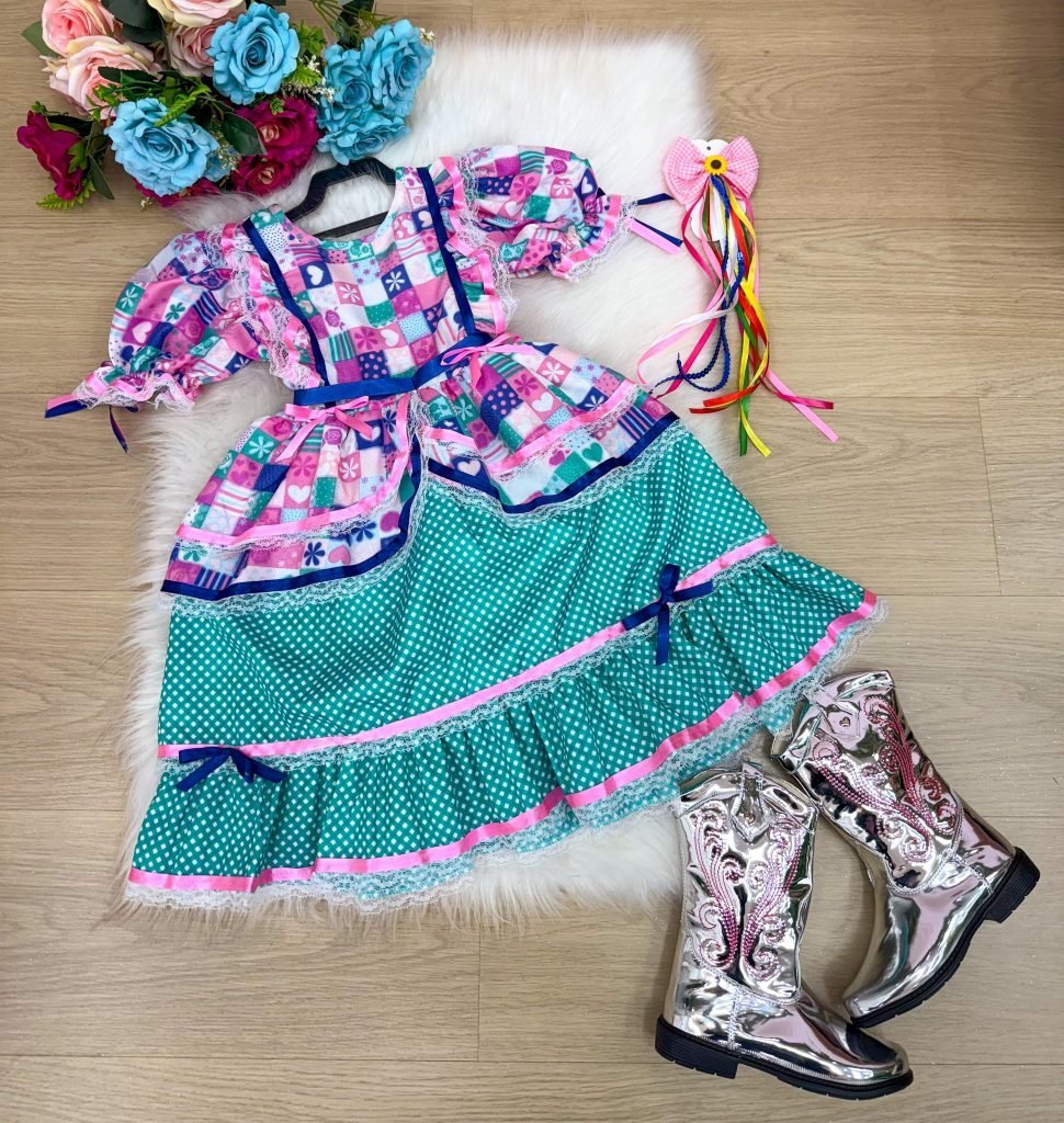 Vestido Bella Child Junino Celebração Caipira Verde Tiffany