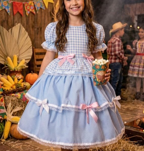 Vestido Junino Mimadine Luxo Stefanny Azul Bebe